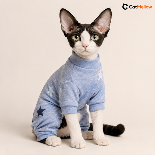 Black-and-white large-eared cat wearing a pale blue star-pattern four-leg jumpsuit, front three-quarter view
