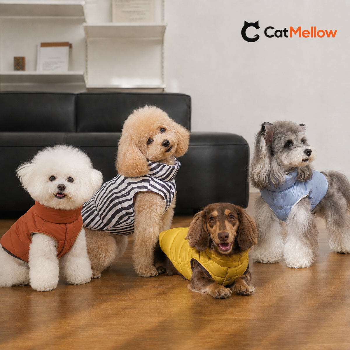 Four small dogs wearing orange, striped, yellow and blue reversible puffer vests