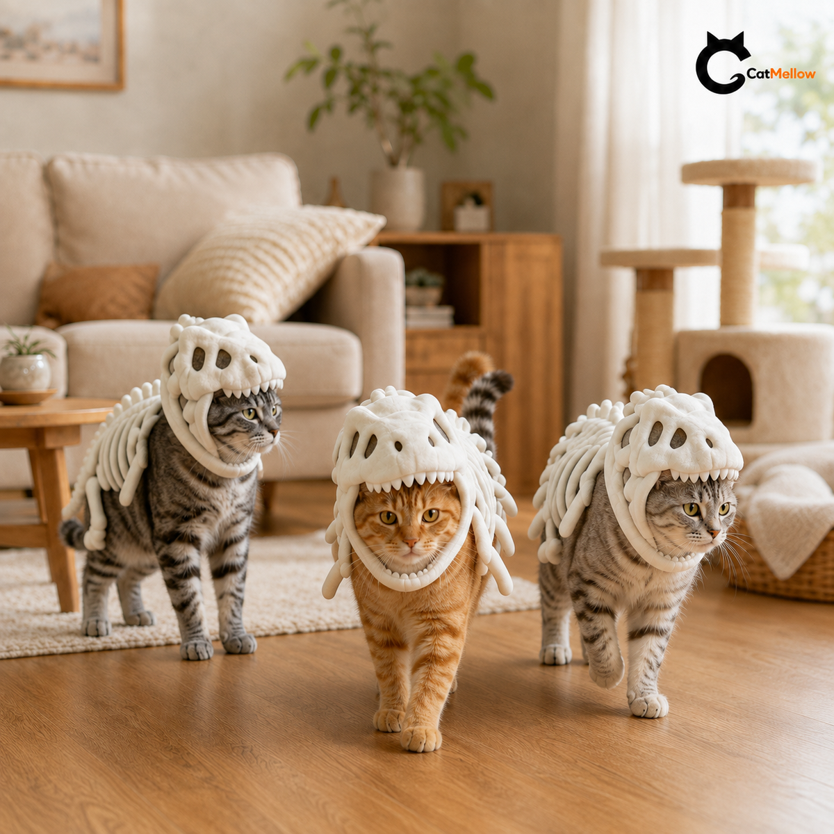 Three cats in ivory-white dinosaur skeleton costumes walking naturally through a warm family living room