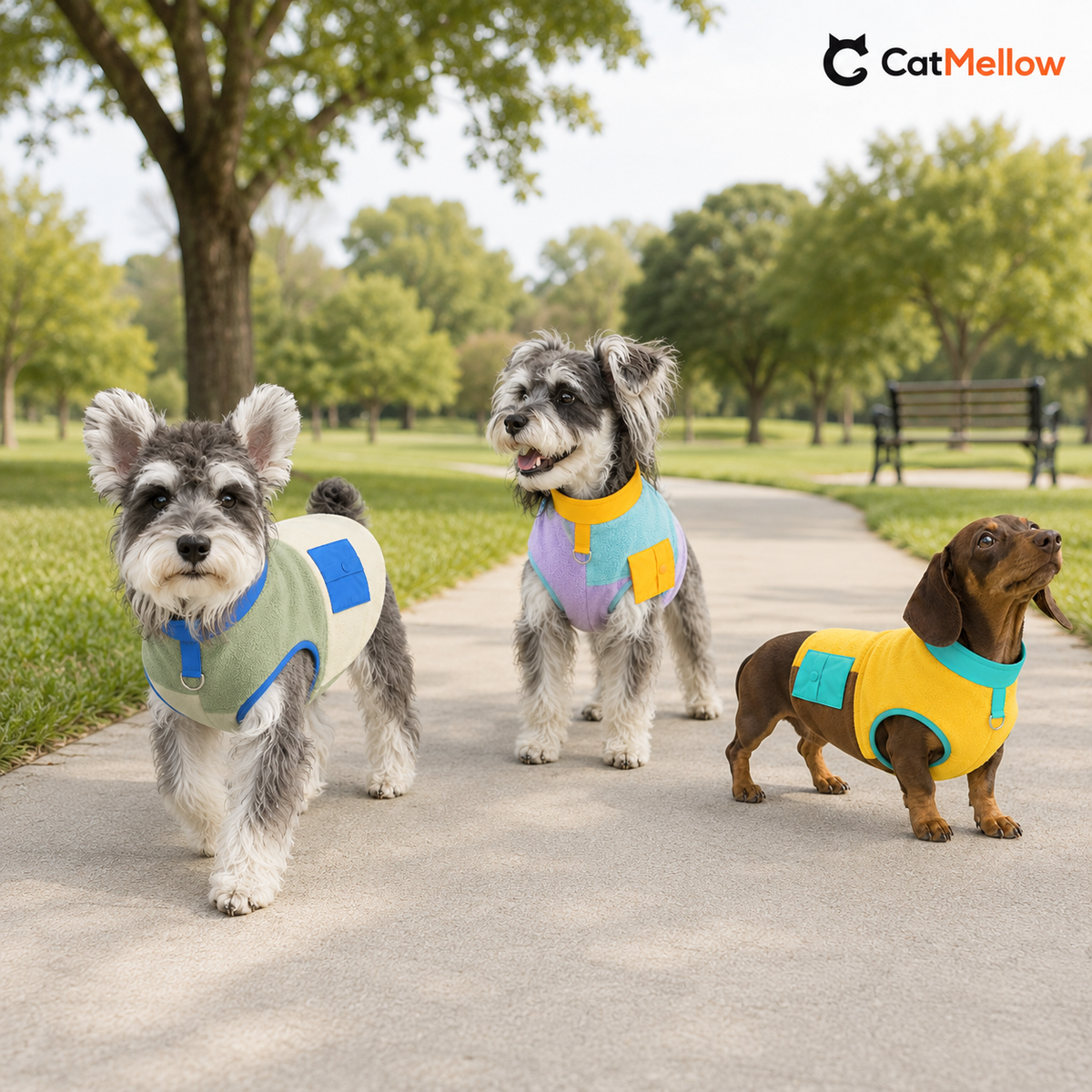 Two Schnauzers and a Dachshund wearing three CatMellow color-block fleece dog vests in a park.