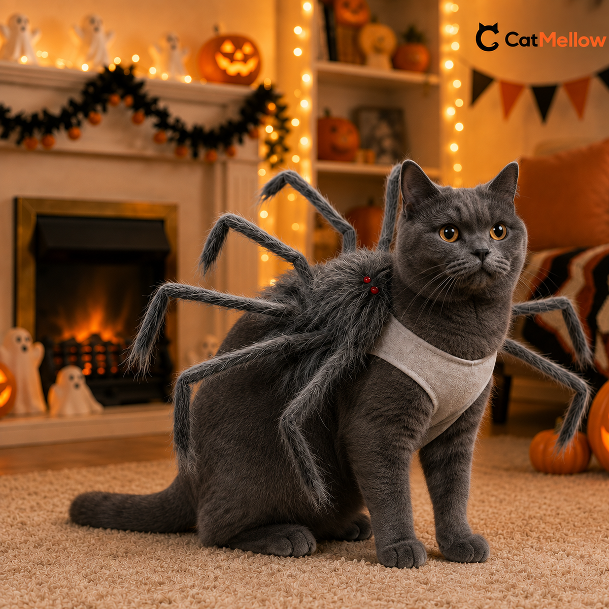 Charcoal-gray cat wearing a gray fuzzy spider costume in a warm Halloween living room.