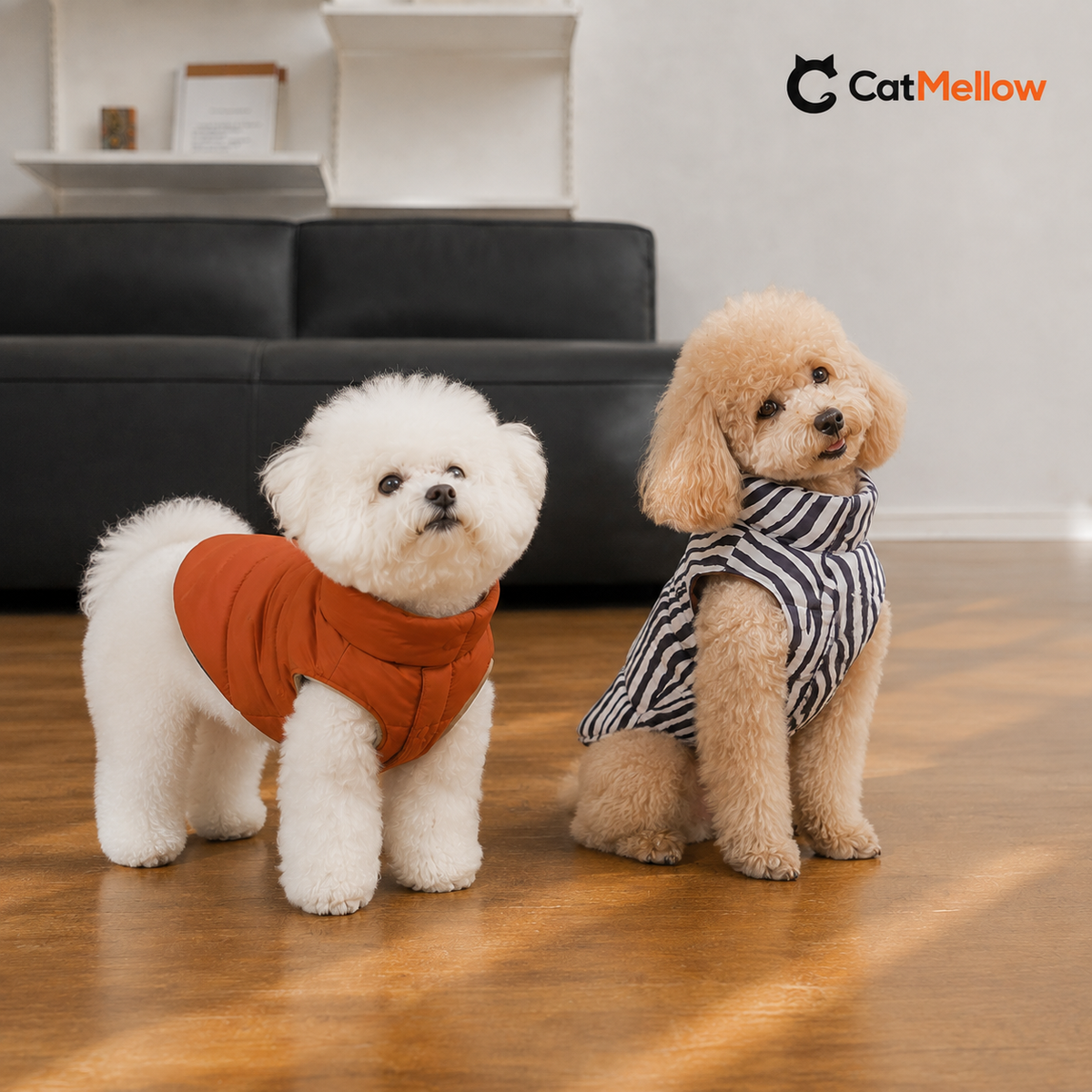 Two small dogs wearing orange and zebra-print reversible puffer vests indoors