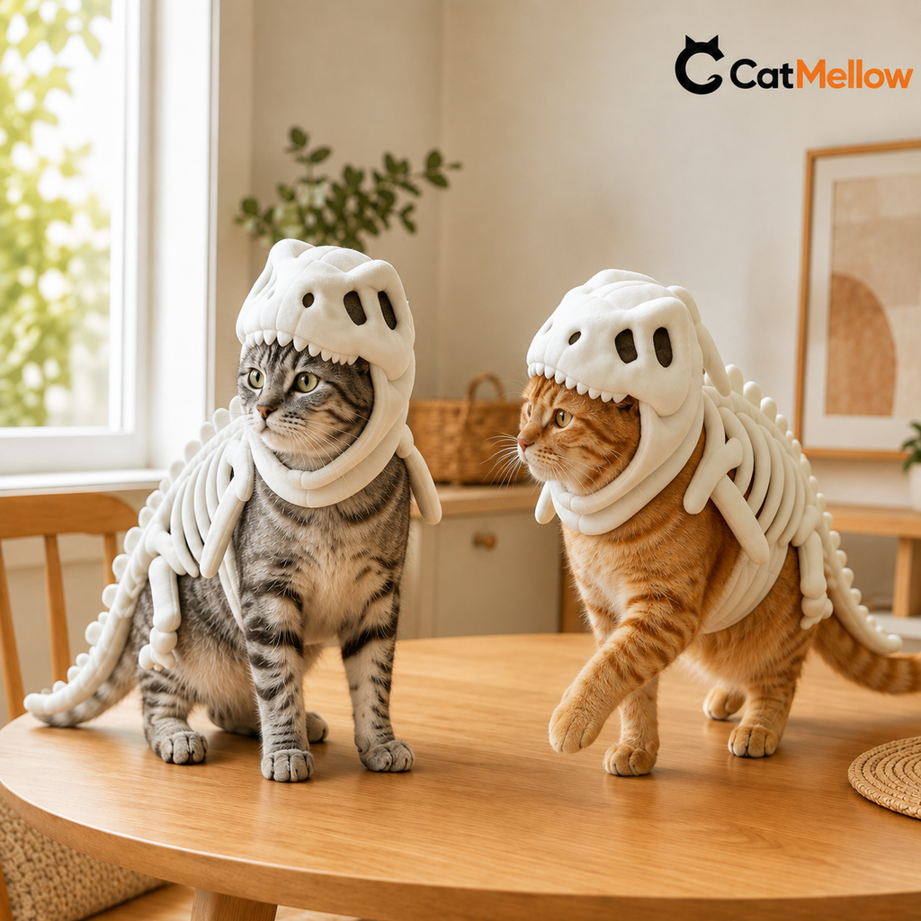 Two cats in ivory-white dinosaur skeleton costumes posing differently on a wooden table in a warm family home