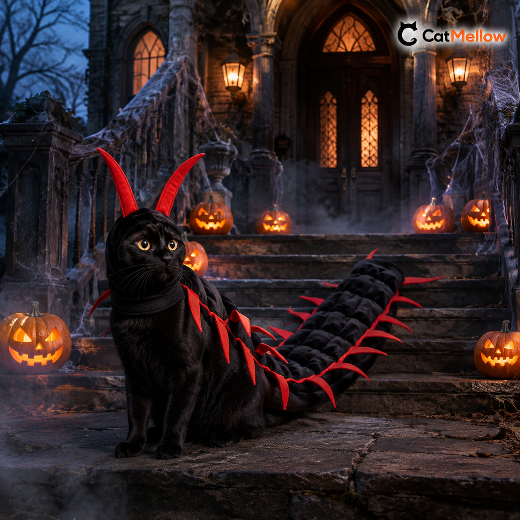 Black cat wearing the black-and-red centipede costume on a pumpkin-lit Gothic Halloween porch