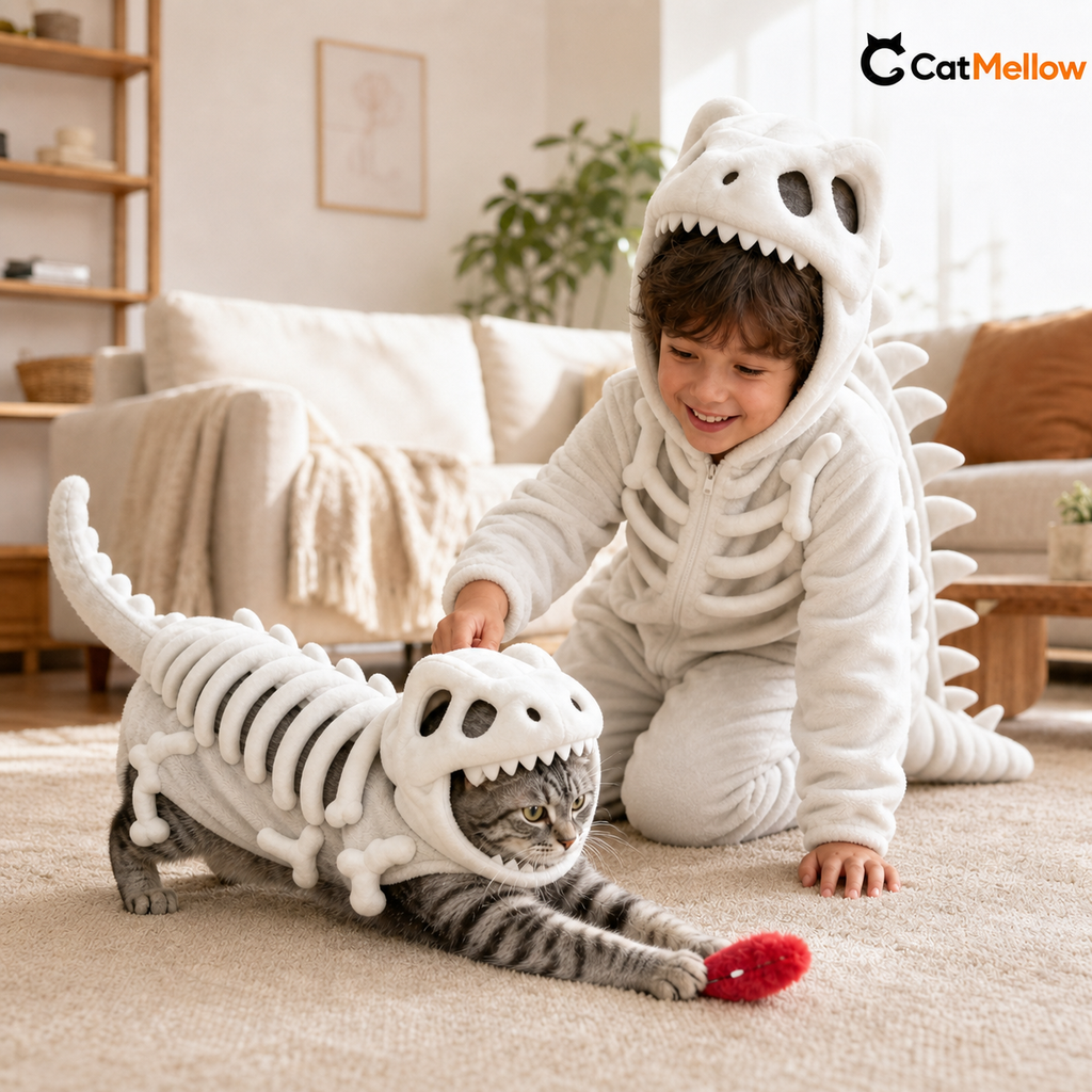 A cat and a child wearing matching ivory-white dinosaur skeleton costumes while playing in a warm family living room