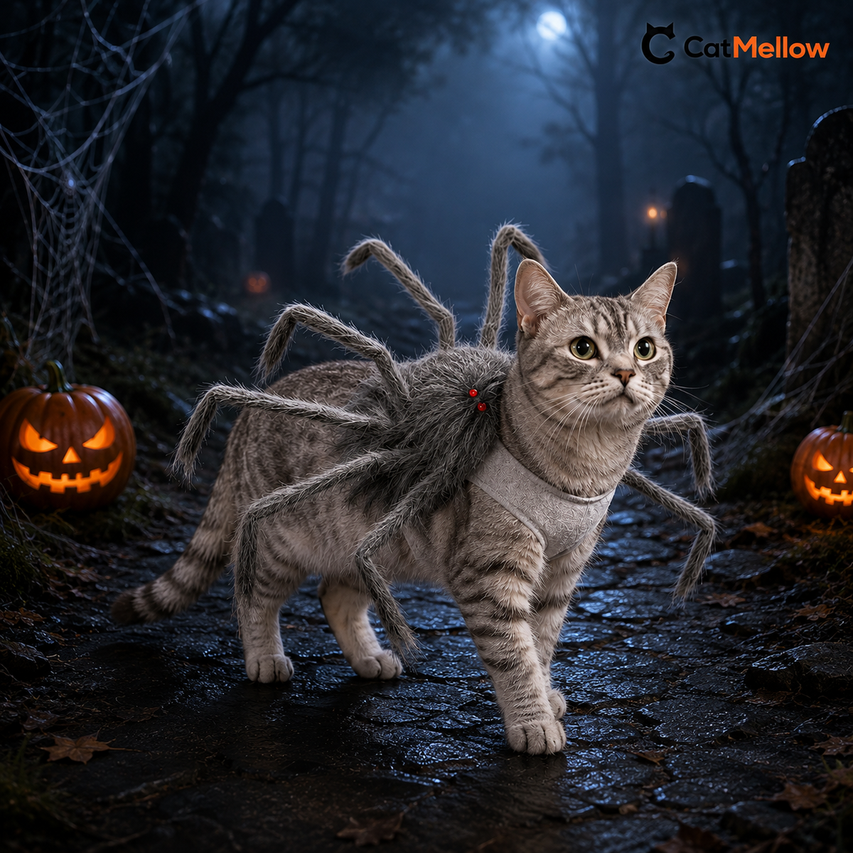 Gray cat wearing a gray fuzzy spider costume on a dark Halloween forest path.