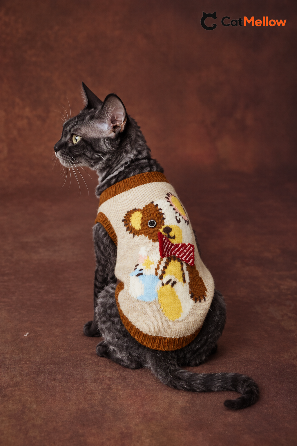 Devon Rex cat wearing the CatMellow cream teddy bear bow tie sleeveless knit sweater, back view