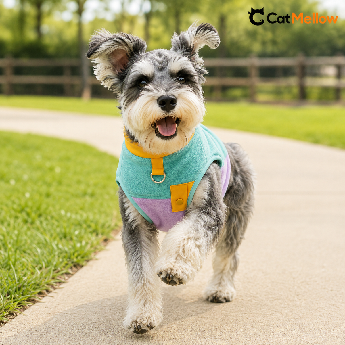 Schnauzer wearing the green, pink and orange CatMellow color-block fleece dog vest outdoors.