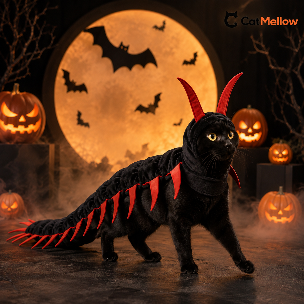 Black cat wearing the black-and-red centipede costume before an orange Halloween moon