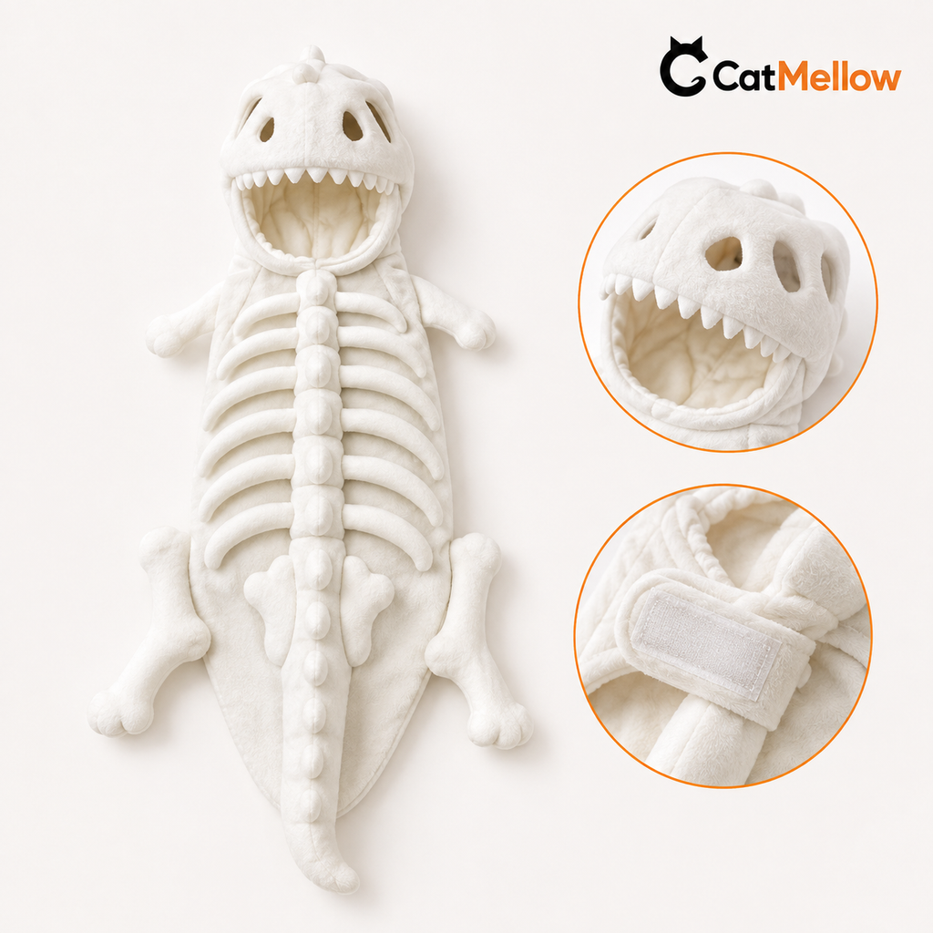 Full ivory-white plush dinosaur skeleton cat costume with close-ups of the hood and fastening