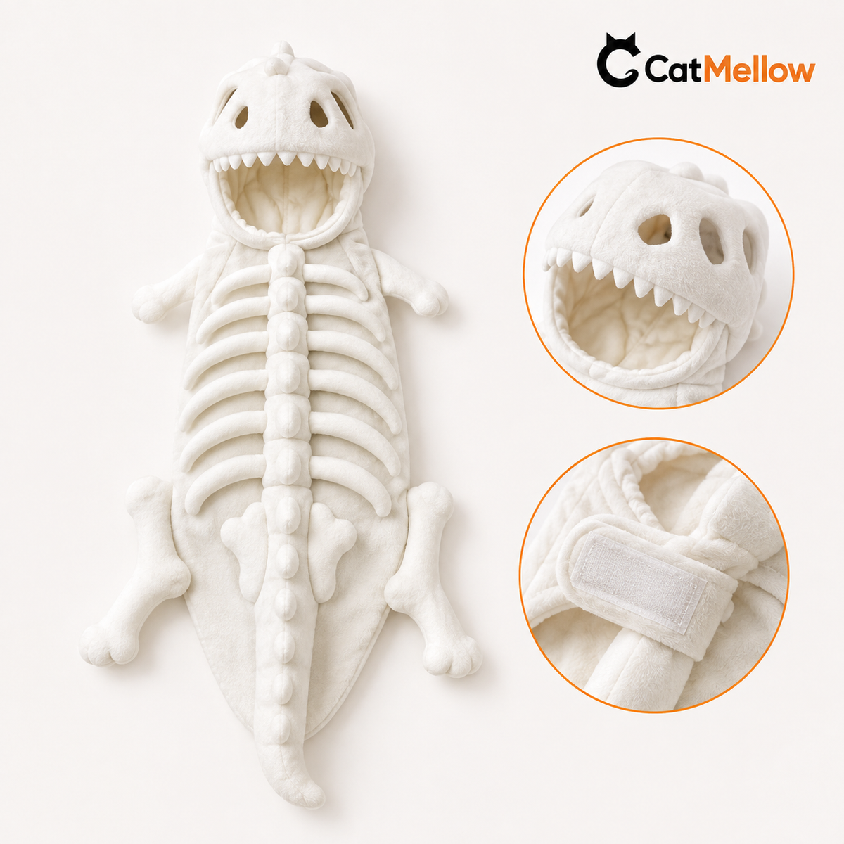 Full ivory-white plush dinosaur skeleton cat costume with close-ups of the hood and fastening
