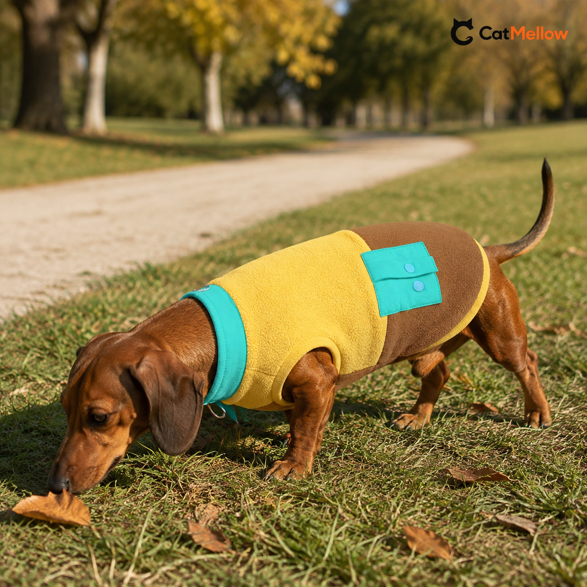 Dachshund wearing the yellow, brown and green CatMellow color-block fleece dog vest outdoors.