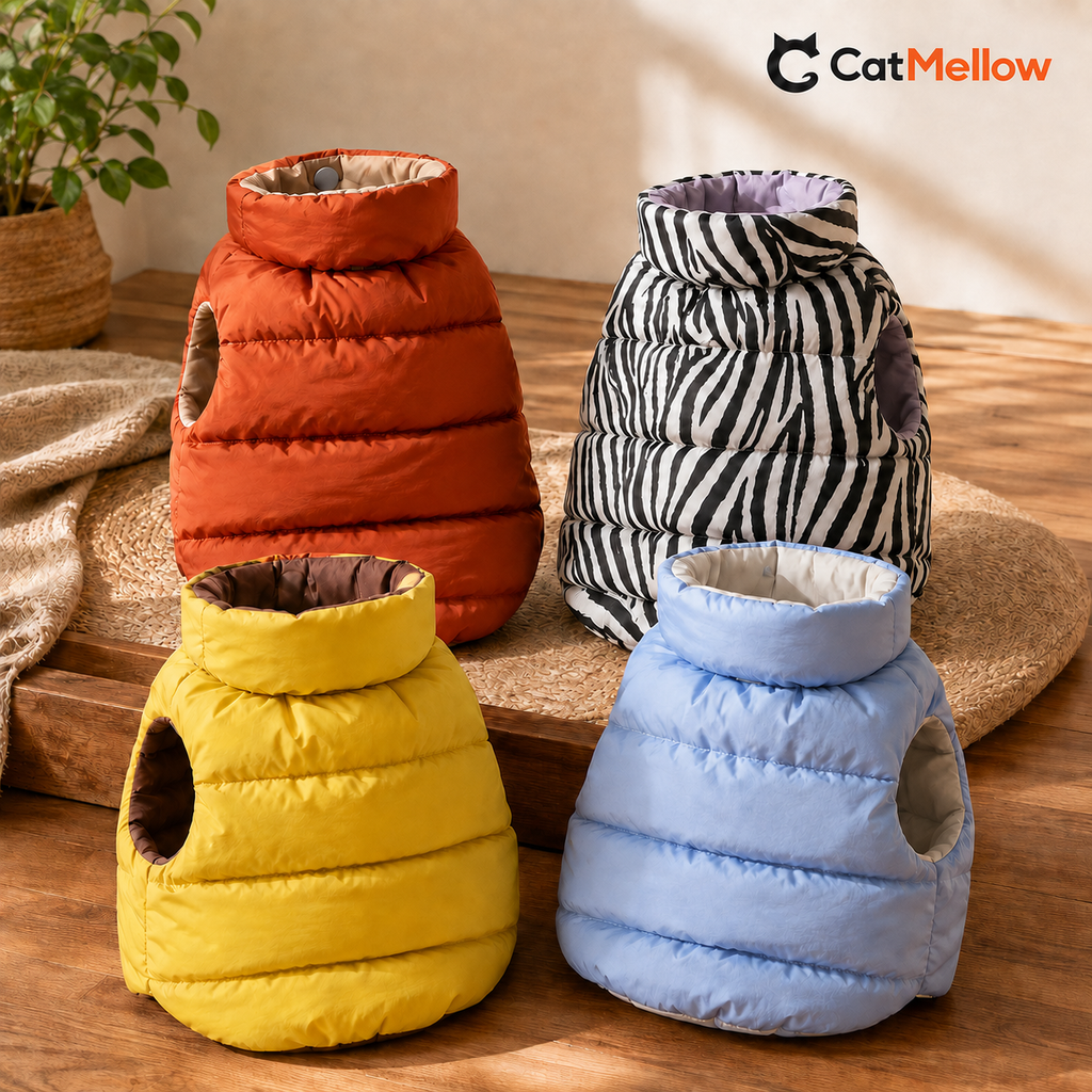 Orange, zebra-print, yellow and blue reversible dog puffer vests