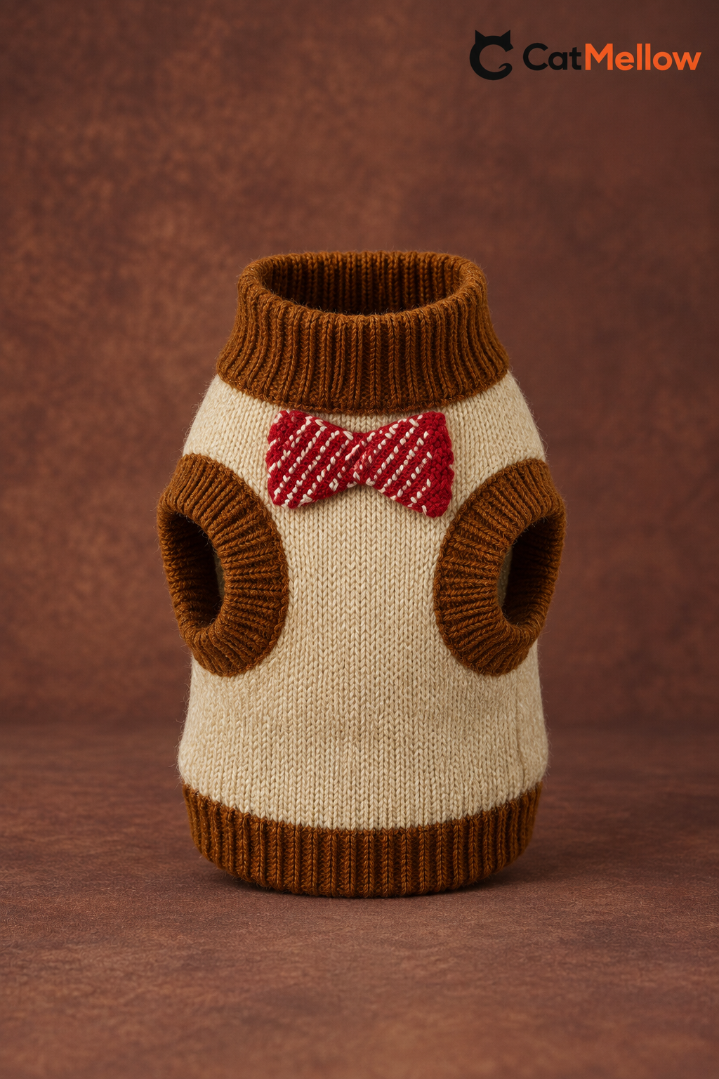 CatMellow cream teddy bear bow tie sleeveless knit cat sweater, front product view