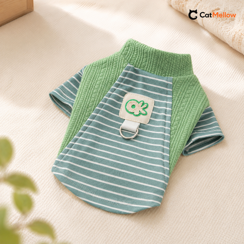 Green CatMellow pastel stripe knit cat shirt laid flat.