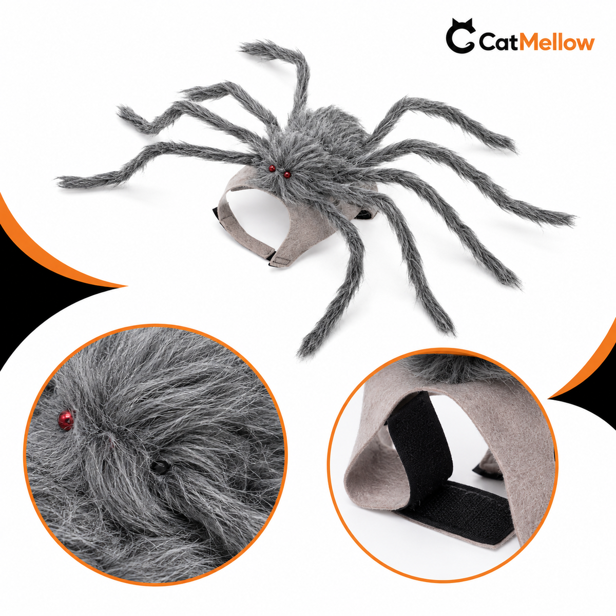 Gray fuzzy spider cat costume with close-up views of the fur and hook-and-loop strap.
