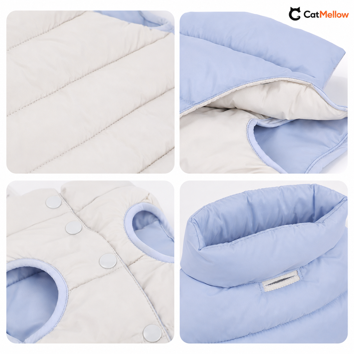 Blue and white reversible dog puffer vest detail views
