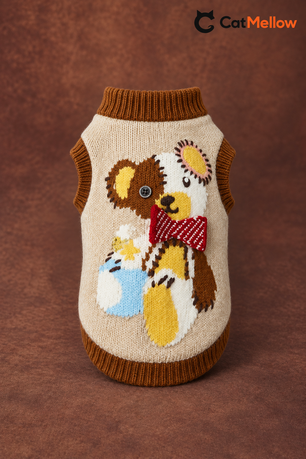 CatMellow cream teddy bear bow tie sleeveless knit cat sweater, back product view