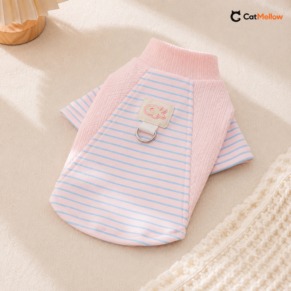 Pink CatMellow pastel stripe knit cat shirt laid flat.
