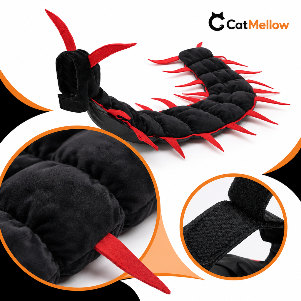 Black plush segmented centipede costume with close-ups of the red legs and hook-and-loop fastening
