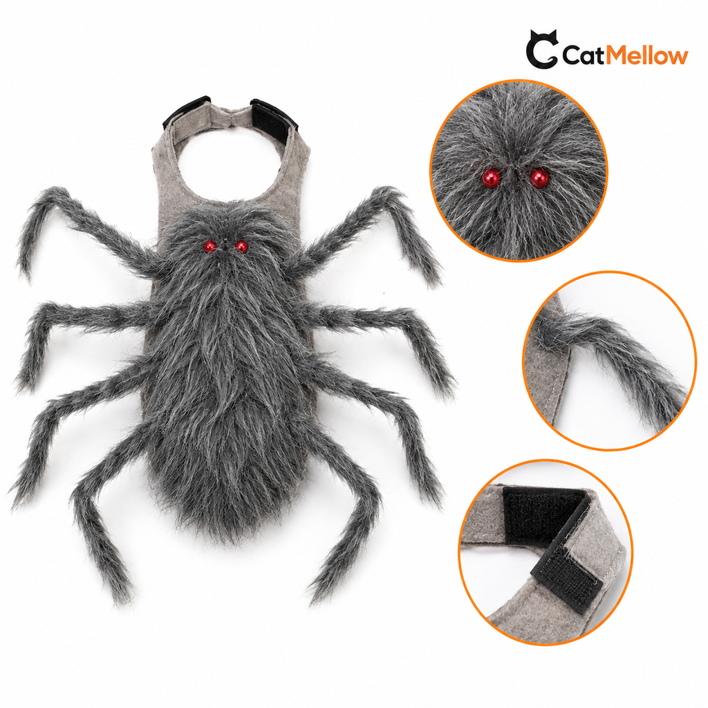 Gray fuzzy spider cat costume with close-up views of the head, legs, and fastening strap.
