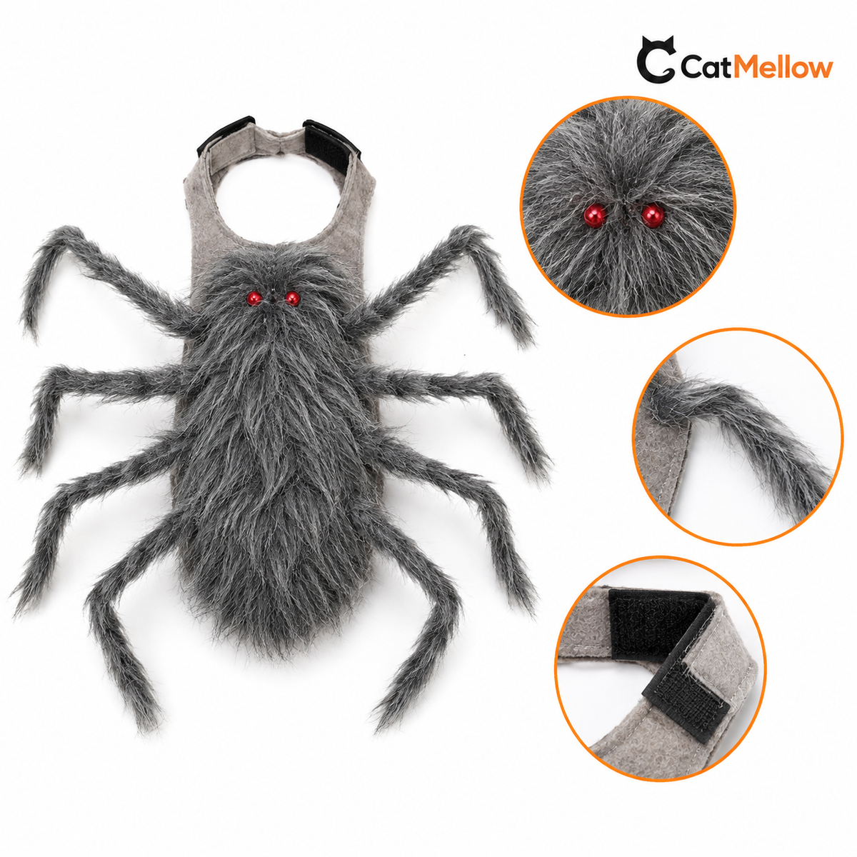 Gray fuzzy spider cat costume with close-up views of the head, legs, and fastening strap.