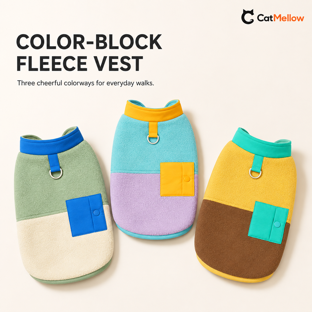Three CatMellow fleece dog vest colorways: green pink orange, green white blue, and yellow brown green.