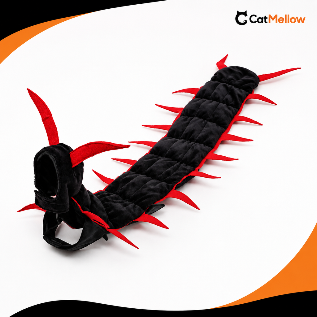 Full black-and-red centipede cat costume displayed flat on a clean white background