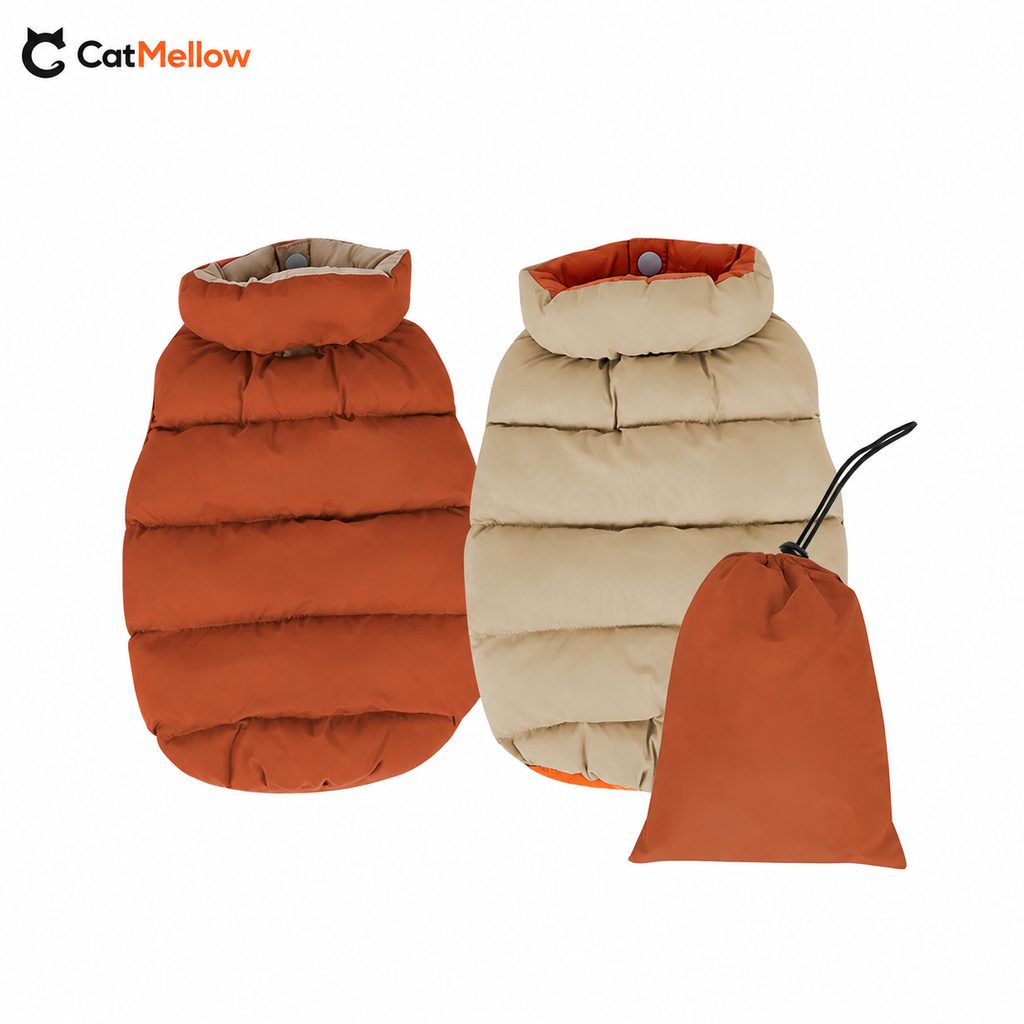 Orange and khaki reversible dog puffer vests with matching storage bag
