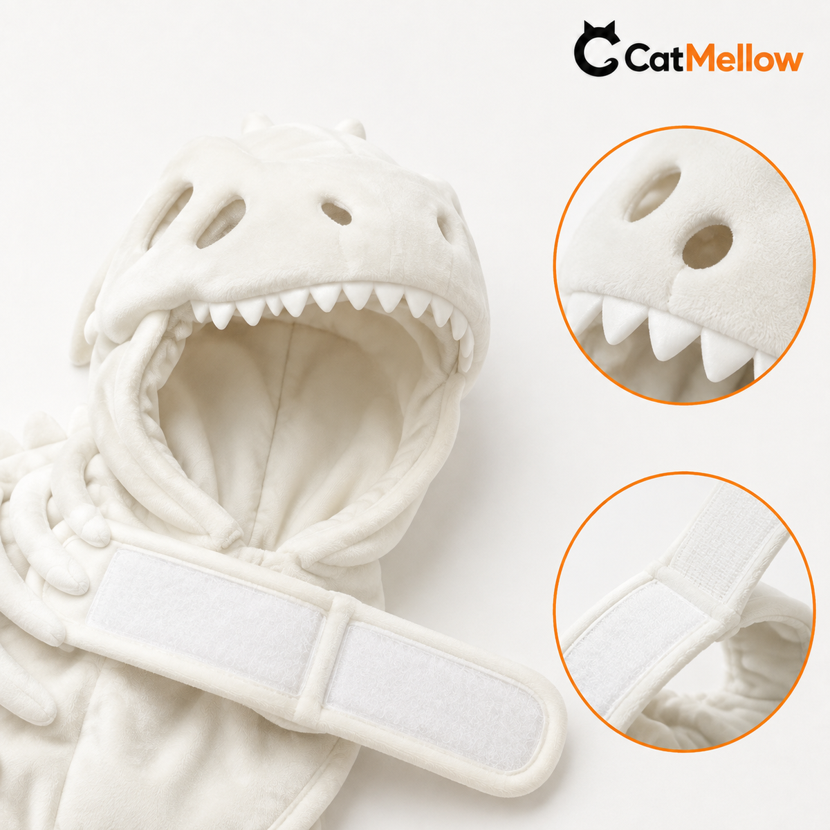 Ivory-white dinosaur skull hood with tooth trim and hook-and-loop fastening details