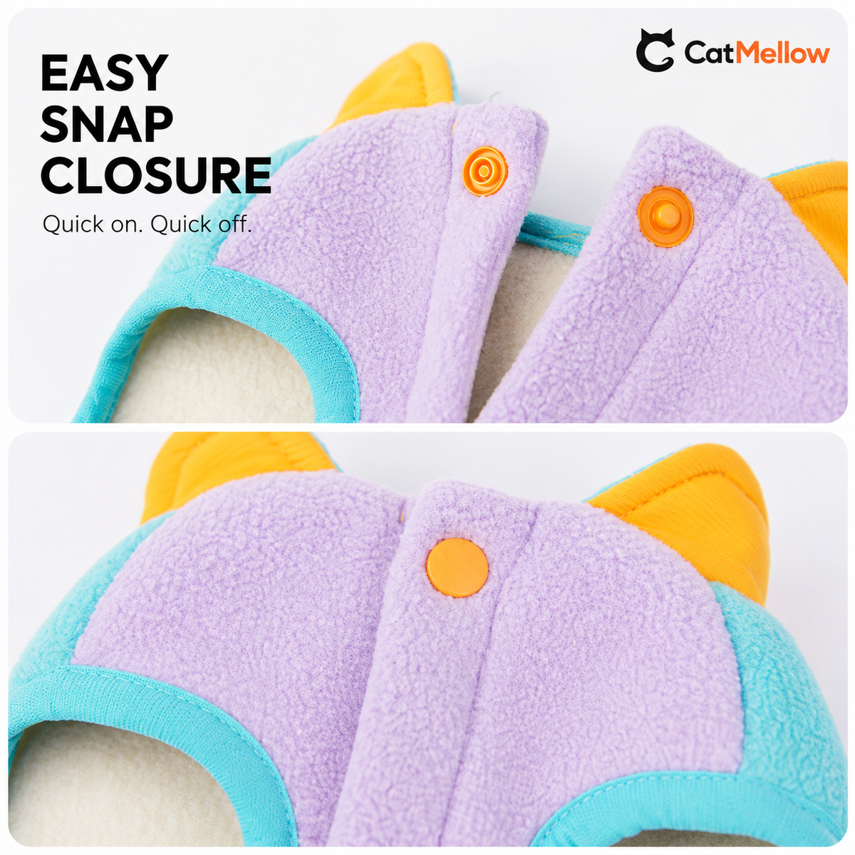 Close views of the CatMellow fleece dog vest snap closure.