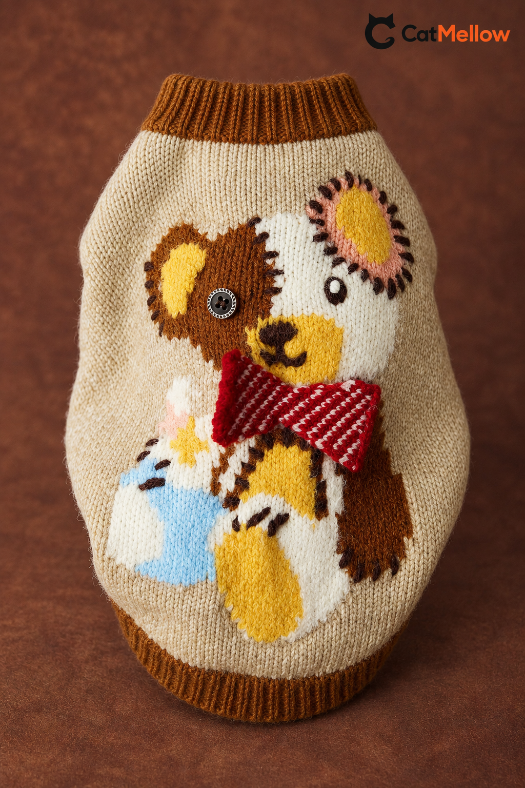 Close-up of the teddy bear applique and red bow on the CatMellow knit cat sweater