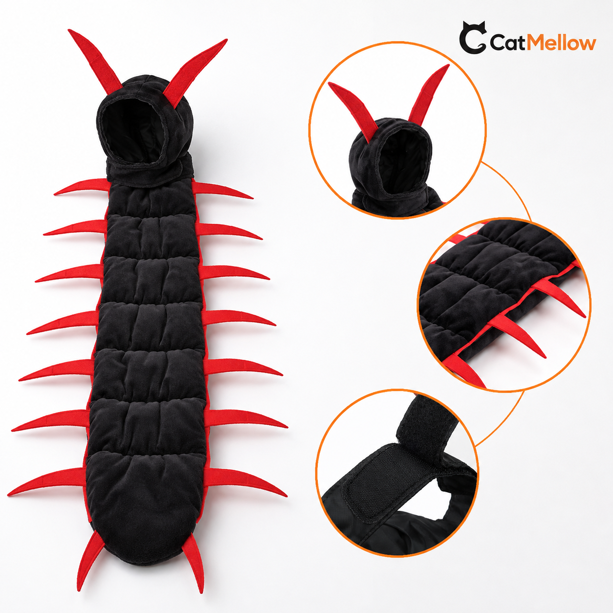 Full centipede cat costume with close-ups of its antennae, segmented body and fastening