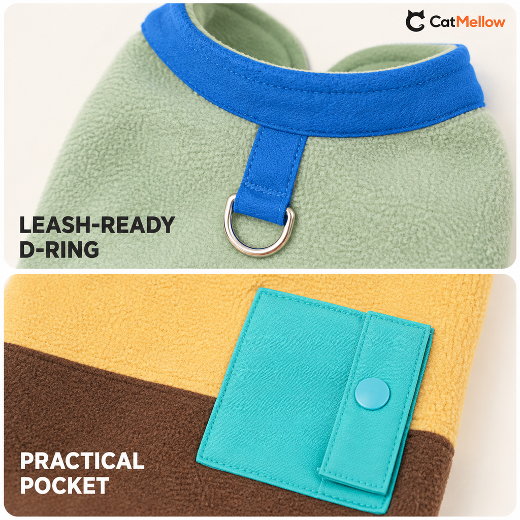 Close views of the CatMellow dog vest back D-ring and snap pocket.