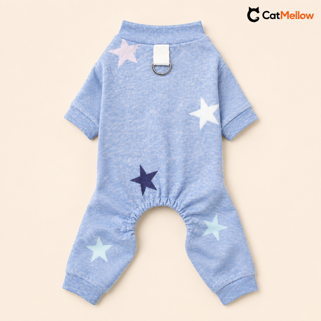 Full view of the pale blue star-pattern four-leg cat jumpsuit with D-ring