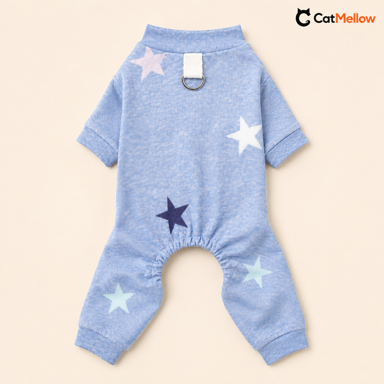 Full view of the pale blue star-pattern four-leg cat jumpsuit with D-ring