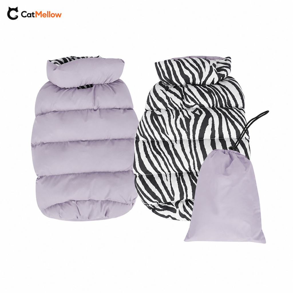 Purple and zebra-print reversible dog puffer vests with matching storage bag