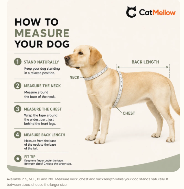 CatMellow dog measurement guide with neck, chest and back length instructions and size selection note.