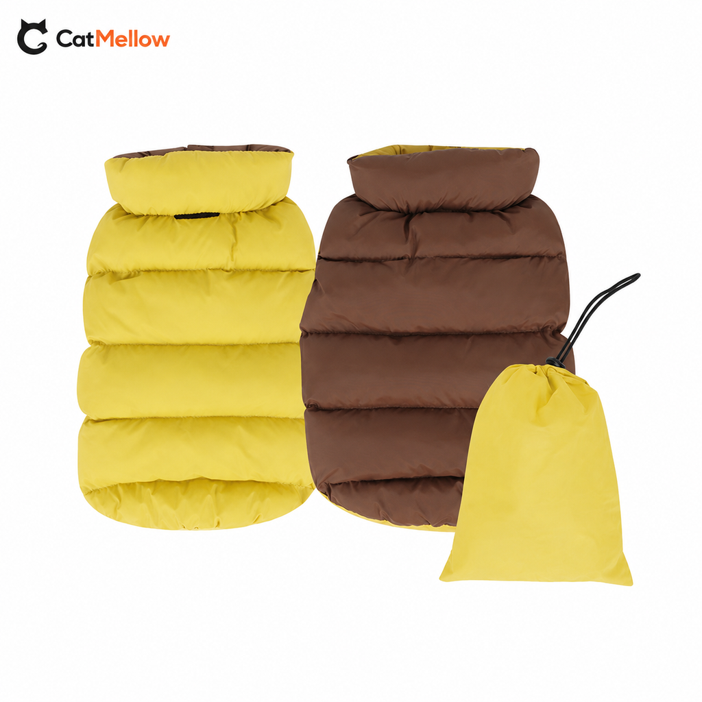 Yellow and brown reversible dog puffer vests with matching storage bag