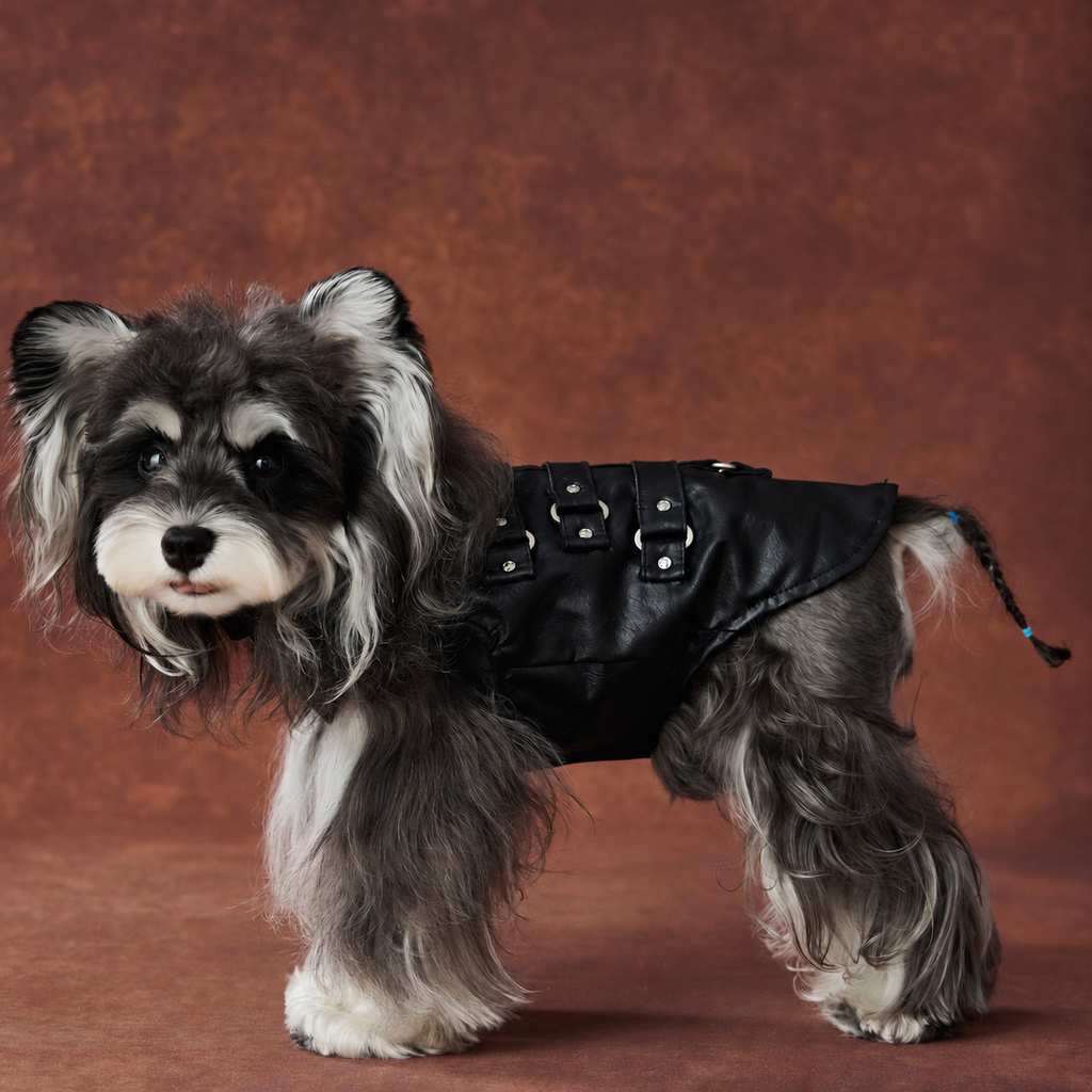 Side view of a dog wearing a black buckle-strap biker vest