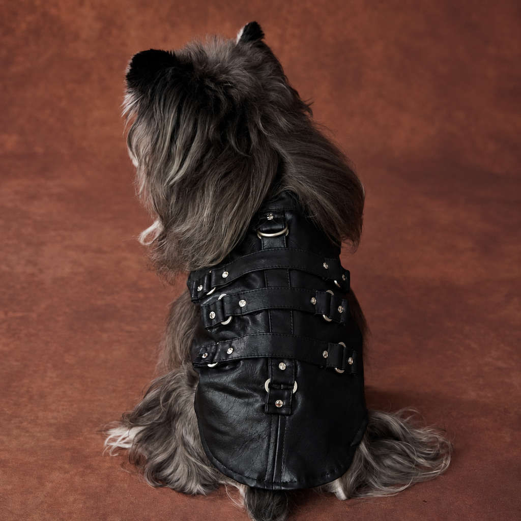 Rear view showing the black dog vest and three buckle-style straps