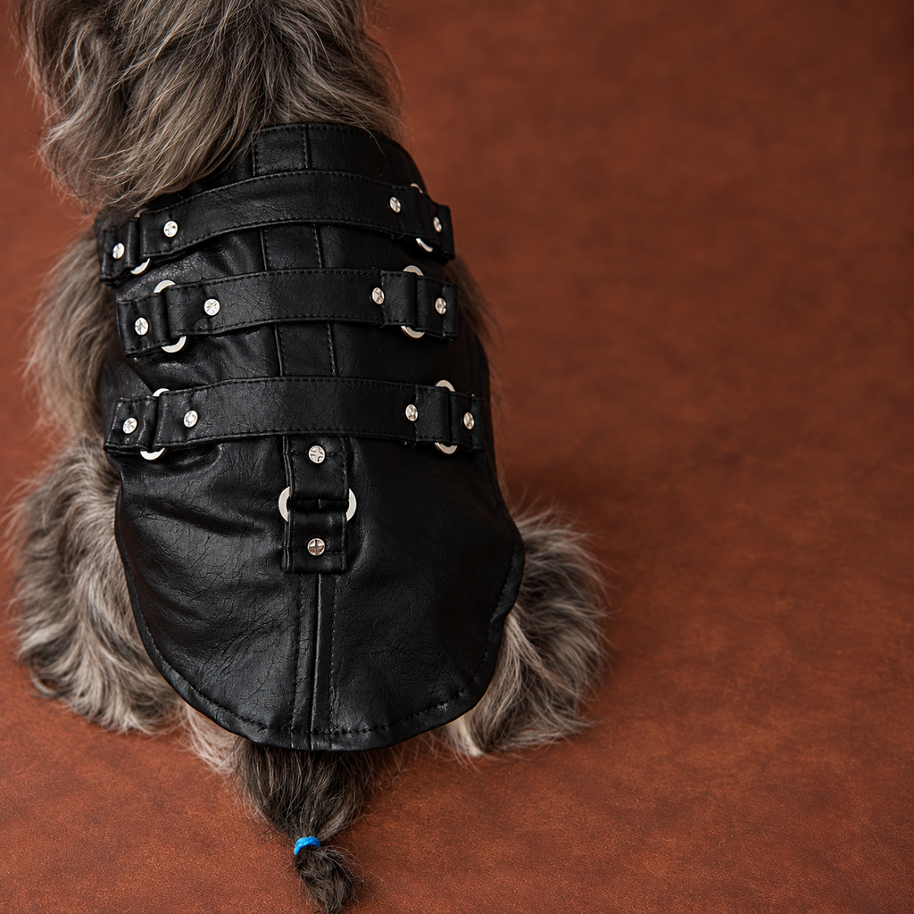 Close-up of the curved back panel and stitching on a black dog vest