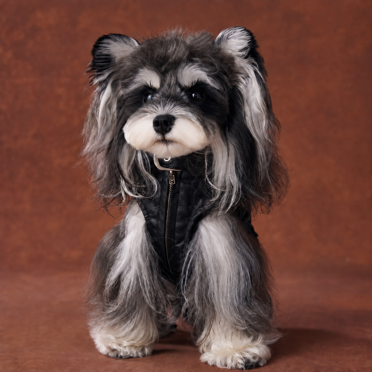 Front view of a dog wearing a black leather-look sleeveless biker vest