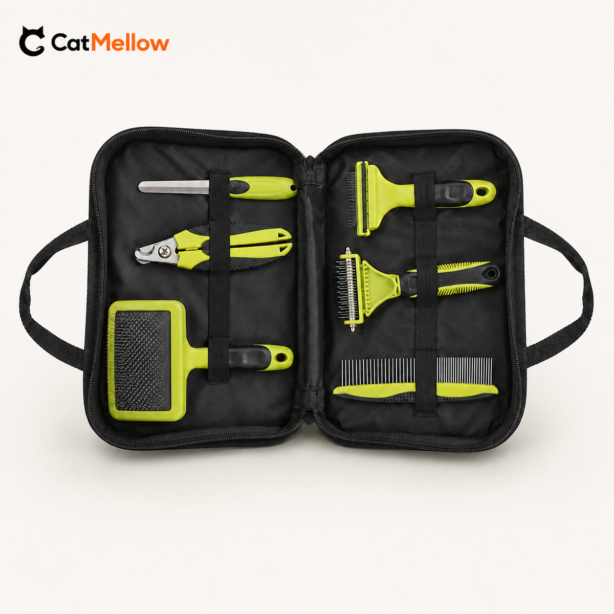 CatMellow lime green and black 6-piece grooming kit, SKU 92533