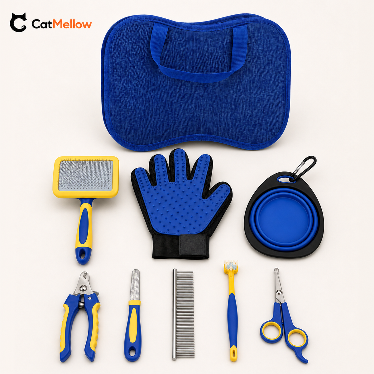 CatMellow blue and yellow 8-piece grooming kit, SKU 92555