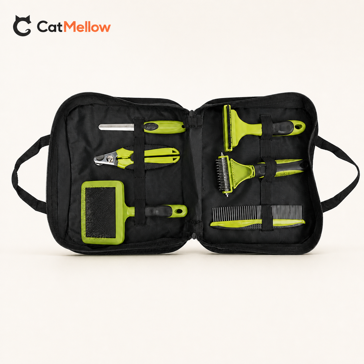CatMellow lime green and black 6-piece grooming kit, SKU 92571, alternate layout