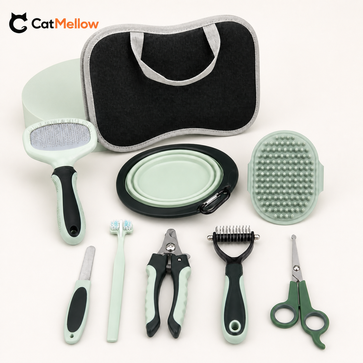 CatMellow mint green and black 8-piece grooming kit, SKU 92575