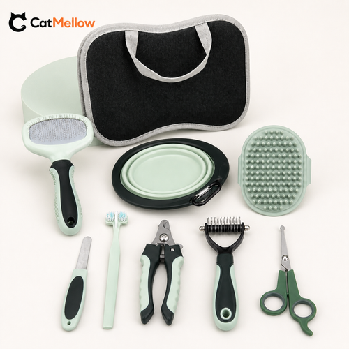 CatMellow mint green and black 8-piece grooming kit, SKU 92575