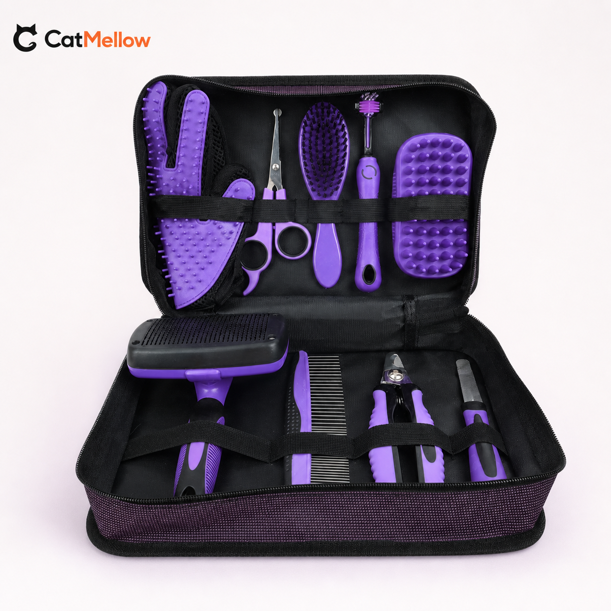 CatMellow purple and black 9-piece grooming kit, SKU 92593, in an open storage case