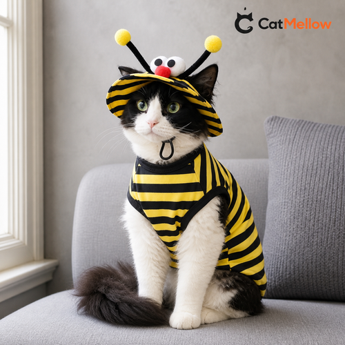 Black-and-white curly-haired cat wearing the yellow-and-black bee costume set beside a window